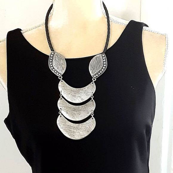 Chico's pewter tone large 7" pendant brushed metal black cord 28" - Picture 1 of 2